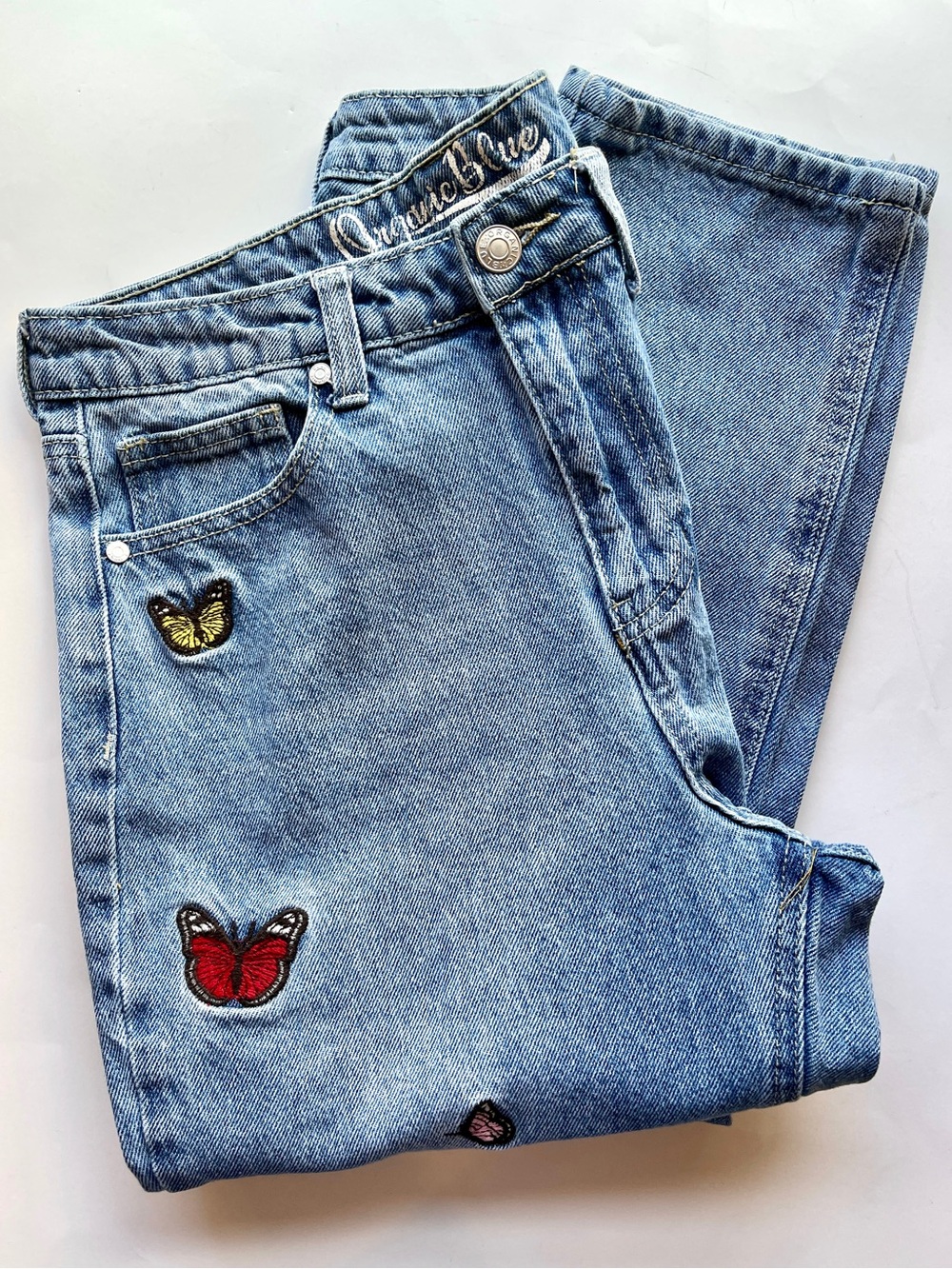 Organic Blue Butterfly Embroidered Mom Jeans Size 5 / 27